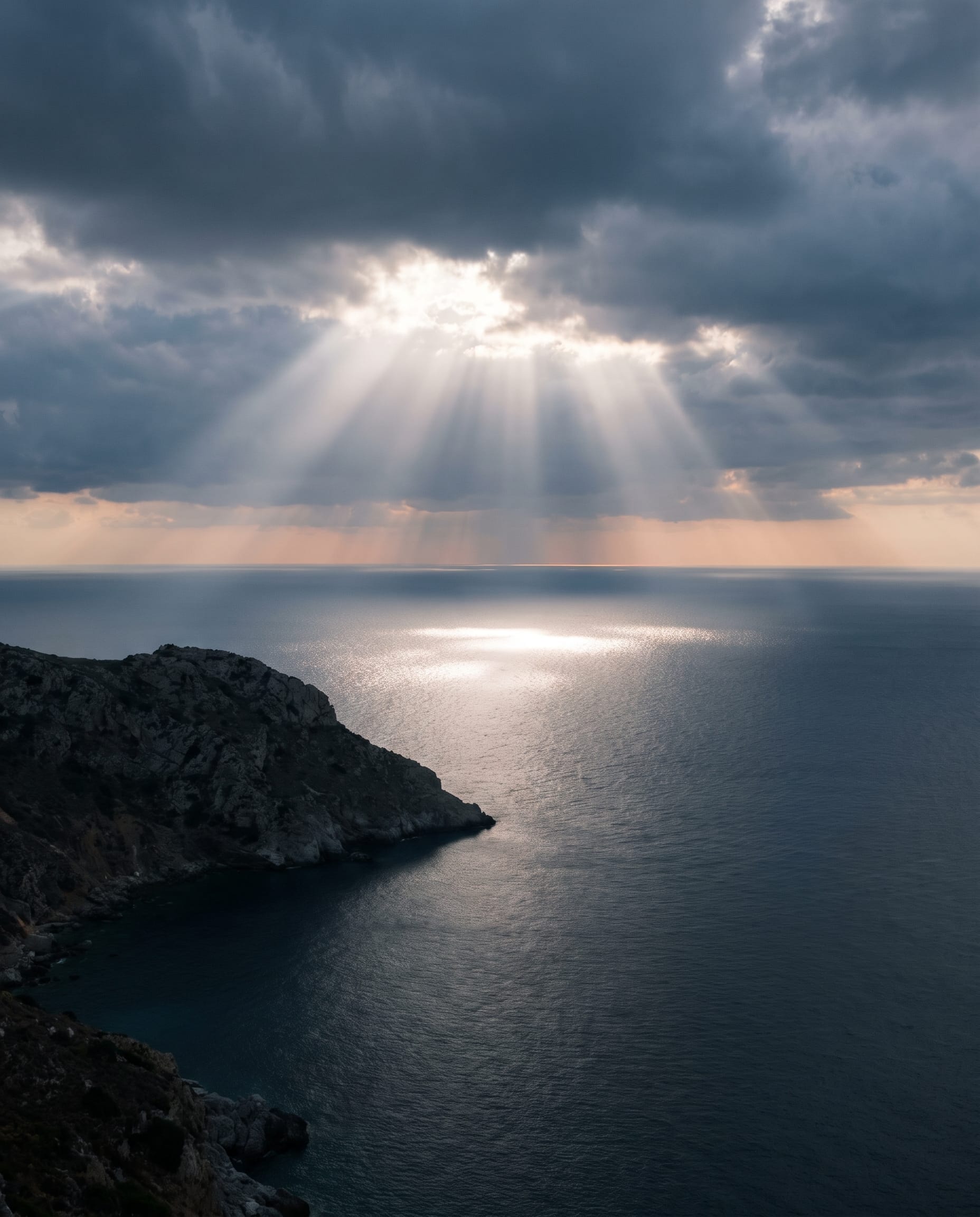 Sunbeams breaking through storm cloud over dark headlands and a silver sea