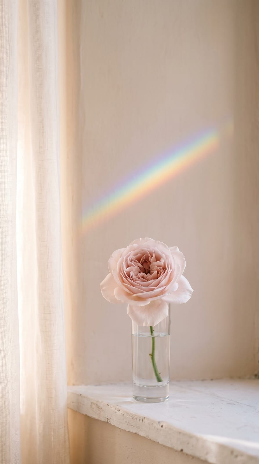 A pale blush rose in a glass of water on a stone windowsill, a small rainbow on the wall