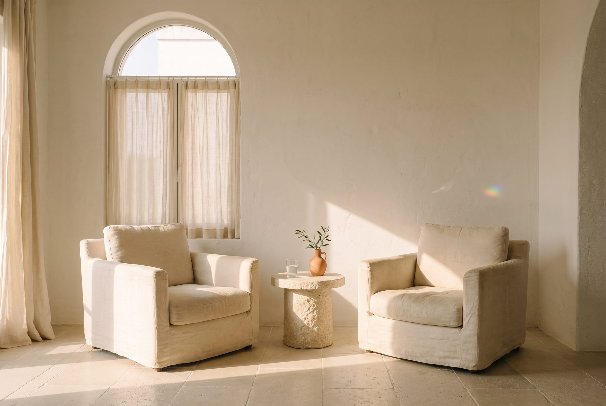 Two linen armchairs facing each other in a whitewashed room at golden hour, a glass of water and an olive sprig between them