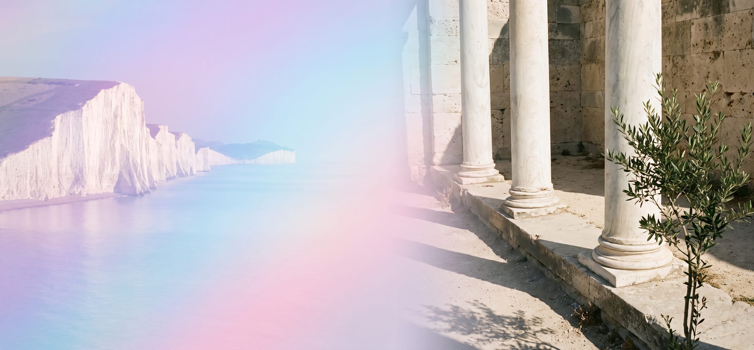 White sea cliffs dissolving into iridescent mist, then marble columns and a young olive tree in hard sun